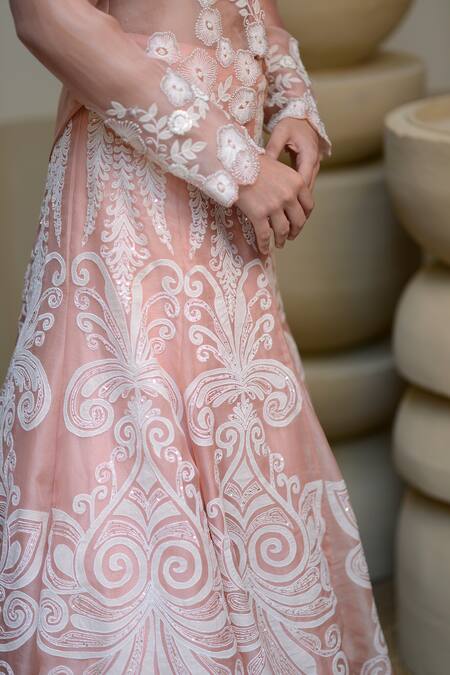 Shop_Ekru_Pink Organza, Chanderi, Taffeta Embroidery V-neck Bankura Jacket With Lehenga_Online_at_Aza_Fashions