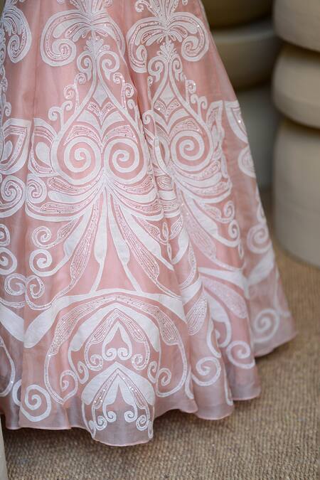 Ekru_Pink Organza, Chanderi, Taffeta Embroidery V-neck Bankura Jacket With Lehenga_at_Aza_Fashions