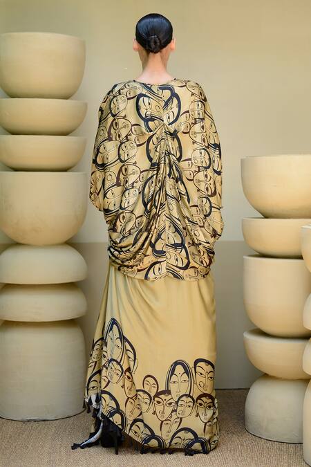 Shop Ekru Beige Chanderi, Modal, Satin Tassels Round Boho Portrait Print Jacket With Skirt at Aza Fashions Shop_Ekru_Beige Chanderi, Modal, Satin Tassels Round Boho Portrait Print Jacket With Skirt_at_Aza_Fashions