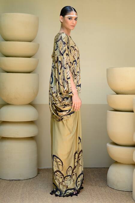 Shop Ekru Beige Chanderi, Modal, Satin Tassels Round Boho Portrait Print Jacket With Skirt Online at Aza Fashions Shop_Ekru_Beige Chanderi, Modal, Satin Tassels Round Boho Portrait Print Jacket With Skirt_Online_at_Aza_Fashions