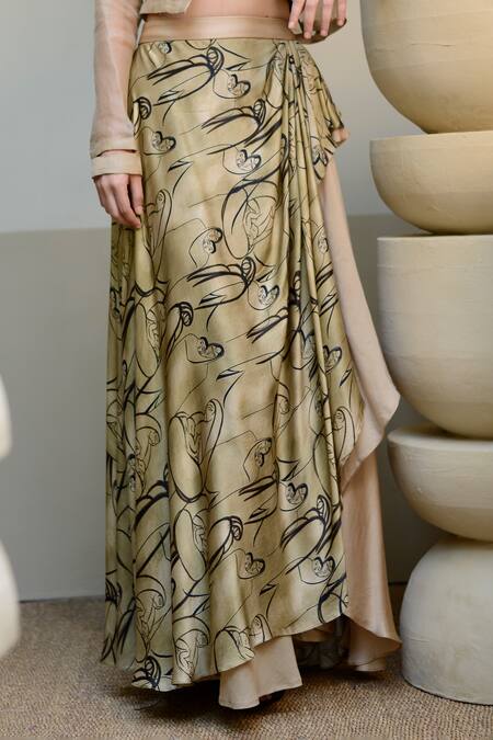 Ekru_Beige Organza, Modal Collared Sheer Jacket And Mother Love Print Skirt Set_Online_at_Aza_Fashions