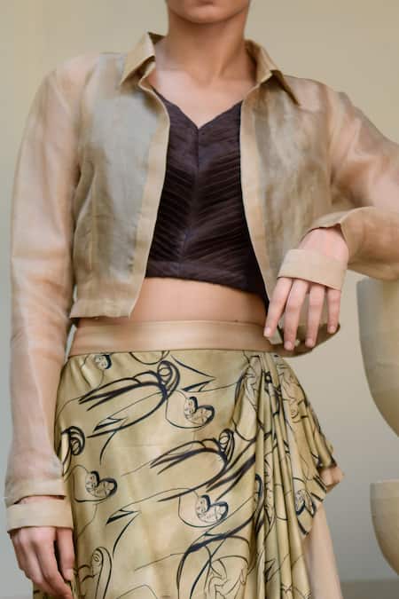 Buy_Ekru_Beige Organza, Modal Collared Sheer Jacket And Mother Love Print Skirt Set_Online_at_Aza_Fashions