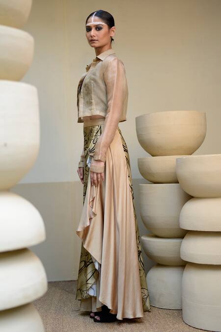 Shop_Ekru_Beige Organza, Modal Collared Sheer Jacket And Mother Love Print Skirt Set_Online_at_Aza_Fashions