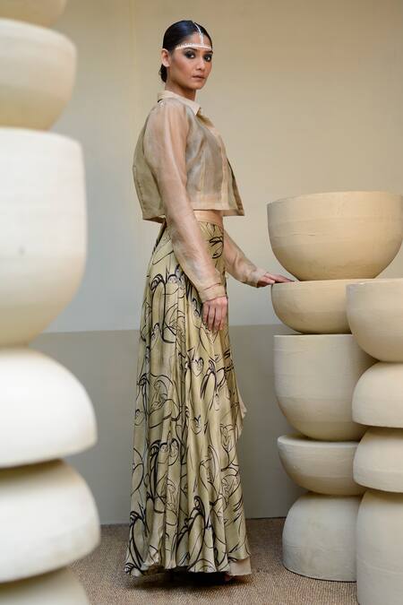 Ekru_Beige Organza, Modal Collared Sheer Jacket And Mother Love Print Skirt Set_at_Aza_Fashions