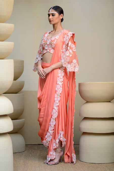Ekru_Peach Organza, Modal Embroidery V-neck Pre-draped Saree With Floral Blouse_Online_at_Aza_Fashions