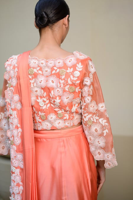 Buy_Ekru_Peach Organza, Modal Embroidery V-neck Pre-draped Saree With Floral Blouse_Online_at_Aza_Fashions