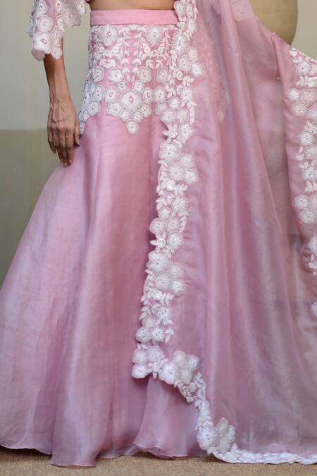 Ekru_Purple Organza, Taffeta Embroidery Round Placement Floral Bankura Lehenga Set_Online_at_Aza_Fashions