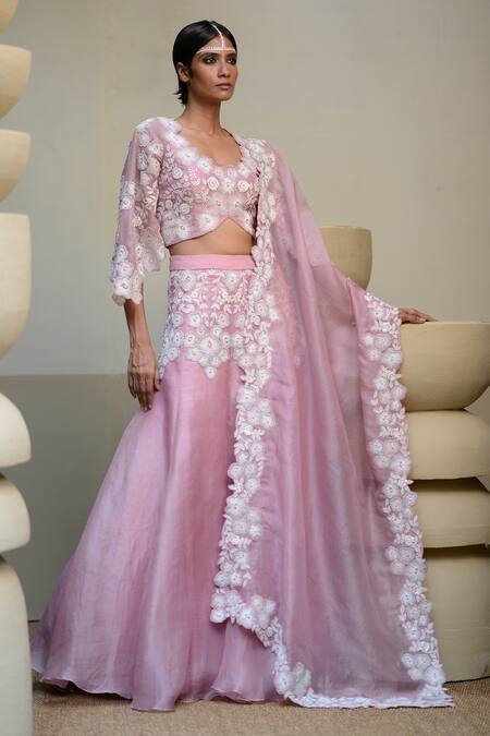 Buy_Ekru_Purple Organza, Taffeta Embroidery Round Placement Floral Bankura Lehenga Set_Online_at_Aza_Fashions