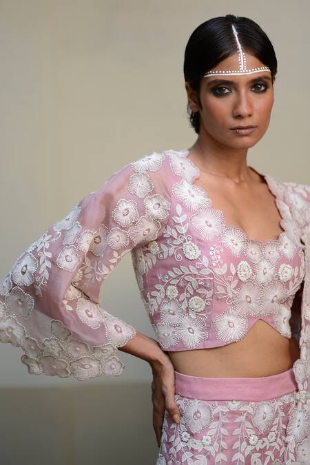 Shop_Ekru_Purple Organza, Taffeta Embroidery Round Placement Floral Bankura Lehenga Set_Online_at_Aza_Fashions