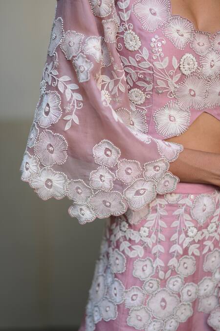 Ekru_Purple Organza, Taffeta Embroidery Round Placement Floral Bankura Lehenga Set_at_Aza_Fashions