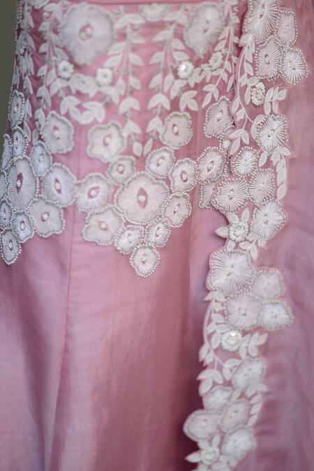 Buy_Ekru_Purple Organza, Taffeta Embroidery Round Placement Floral Bankura Lehenga Set