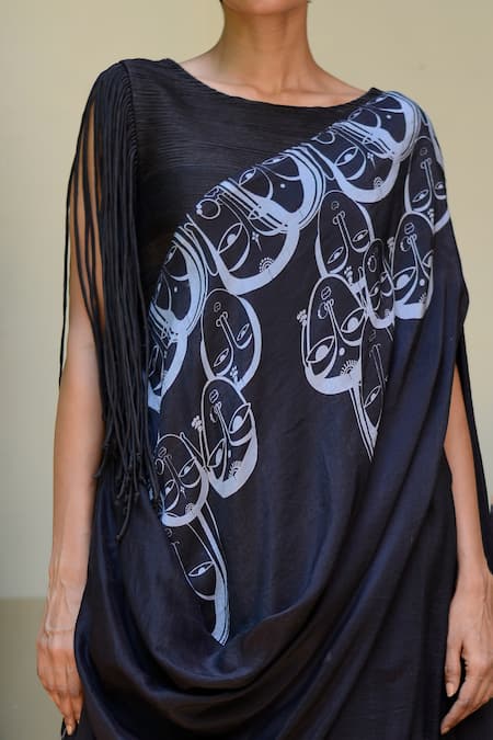 Ekru_Blue Chanderi, Cotton Fringe Round Neck Boho Figurine Print Gown_Online_at_Aza_Fashions