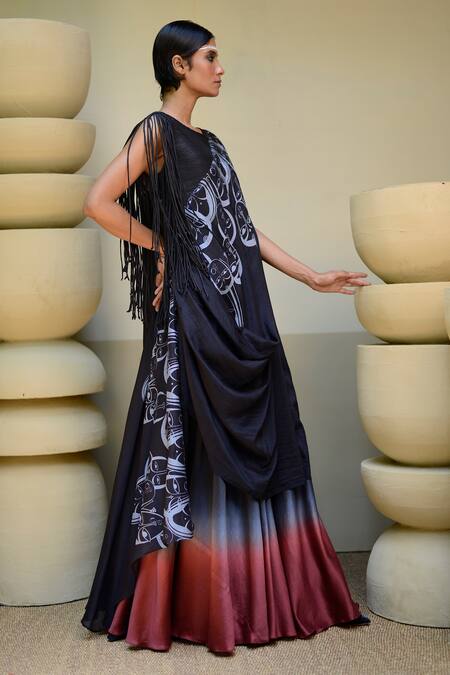 Buy_Ekru_Blue Chanderi, Cotton Fringe Round Neck Boho Figurine Print Gown_Online_at_Aza_Fashions
