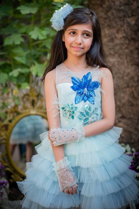 Buy_PA:Paa_Blue Tulle Hand Embroidered Floral Bodice Dress_Online_at_Aza_Fashions