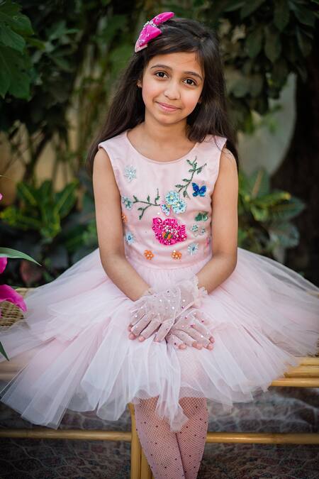 Buy_PA:Paa_Pink Tulle Hand Embroidered Floral Bodice Asymmetric Dress_Online_at_Aza_Fashions