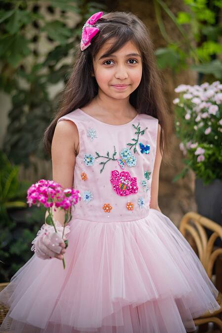 Shop_PA:Paa_Pink Tulle Hand Embroidered Floral Bodice Asymmetric Dress_Online_at_Aza_Fashions