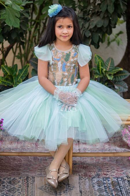 PA:Paa_Blue Tulle Hand Embroidered Beads Bodice Dress_Online_at_Aza_Fashions