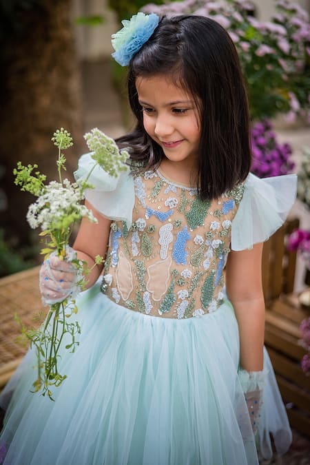 PA:Paa_Blue Tulle Hand Embroidered Beads Bodice Dress_at_Aza_Fashions