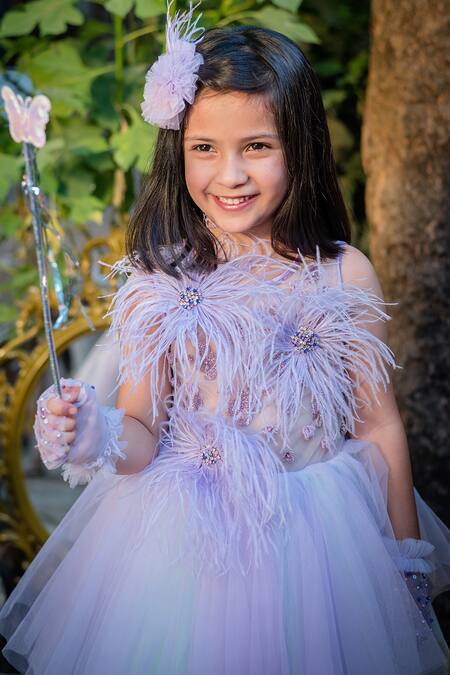 Buy_PA:Paa_Purple Tulle Hand Embroidered Feathers Asymmetric Flared Dress_Online_at_Aza_Fashions