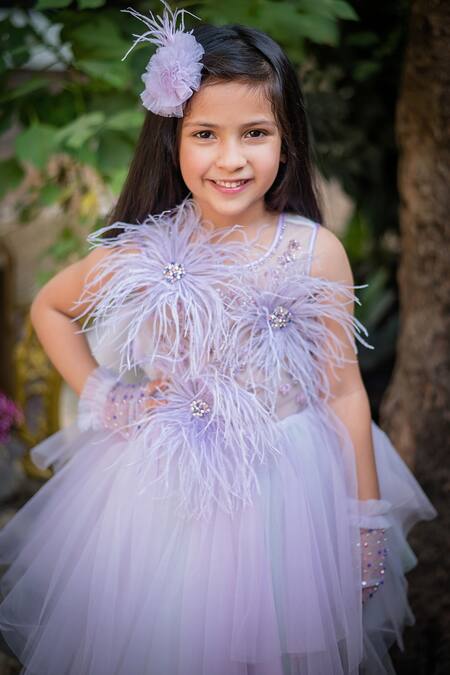 Shop_PA:Paa_Purple Tulle Hand Embroidered Feathers Asymmetric Flared Dress_Online_at_Aza_Fashions