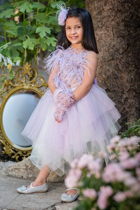 PA:Paa_Purple Tulle Hand Embroidered Feathers Asymmetric Flared Dress_at_Aza_Fashions