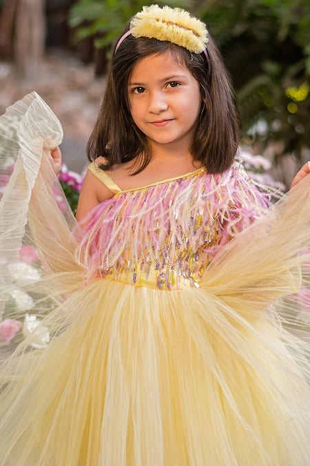 PA:Paa_Yellow Tulle Hand Embroidered Feathers Bodice And Flared Dress_Online_at_Aza_Fashions
