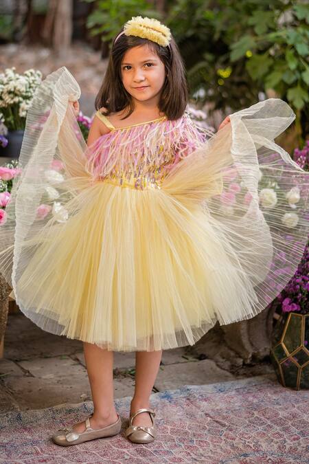 Buy_PA:Paa_Yellow Tulle Hand Embroidered Feathers Bodice And Flared Dress_Online_at_Aza_Fashions