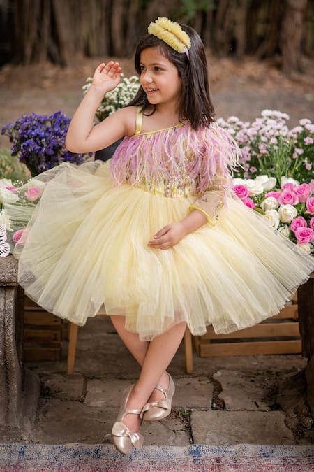 Shop_PA:Paa_Yellow Tulle Hand Embroidered Feathers Bodice And Flared Dress_Online_at_Aza_Fashions