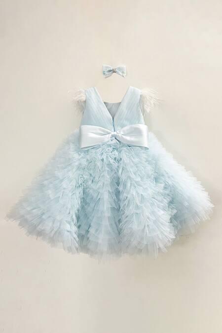 Shop PA:Paa Blue Tulle, Satin Pearls Bodice Embroidered And Frilled Dress at Aza Fashions Shop_PA:Paa_Blue Tulle, Satin Pearls Bodice Embroidered And Frilled Dress_at_Aza_Fashions