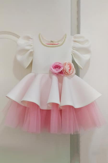 Buy White Neoprene Applique Rosette Dress For Girls by Ruchika lath ...