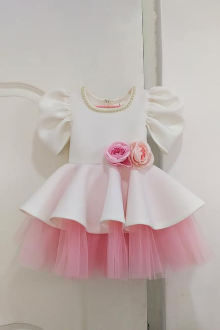 Ruchika Lath Label_White Net, Neoprene Embroidery Rosette Applique Dress _Online_at_Aza_Fashions