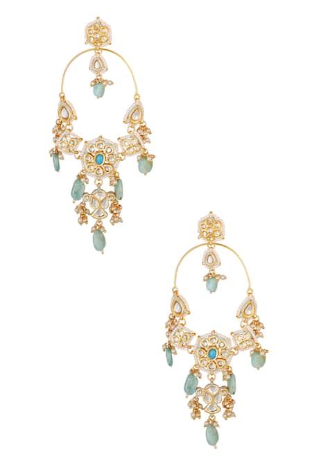 Shop ChhavI'S Jewels Gold Plated Stones, Beads, Zari Kundan Floral Drop Chandeliers at Aza Fashions Shop_ChhavI'S Jewels_Gold Plated Stones, Beads, Zari Kundan Floral Drop Chandeliers _at_Aza_Fashions