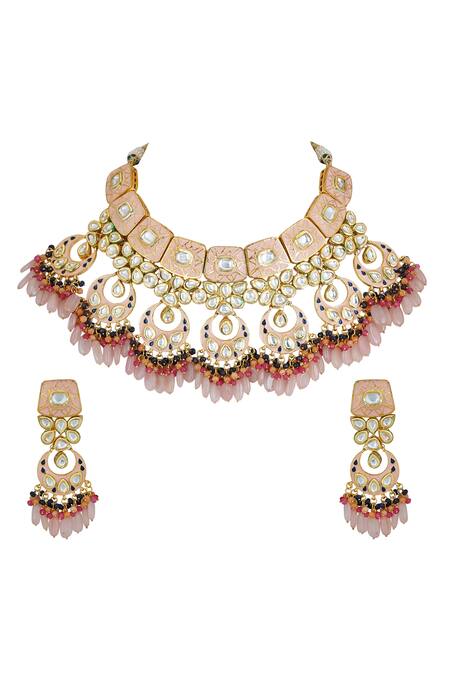 Shop_ChhavI'S Jewels_Gold Plated Beads Kundan Choker Set_at_Aza_Fashions