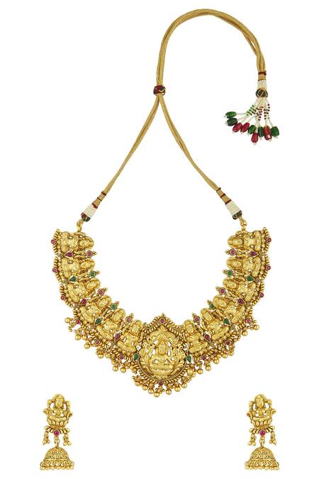 Shop Chaotiq By Arti Gold Plated Carved Temple Necklace Set at Aza Fashions Shop_Chaotiq By Arti_Gold Plated Carved Temple Necklace Set_at_Aza_Fashions