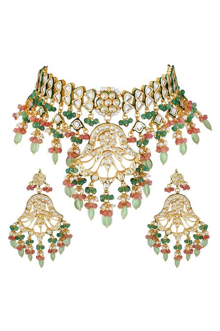 Shop_ChhavI'S Jewels_Gold Plated Beads, Stones Kundan Choker Set _at_Aza_Fashions