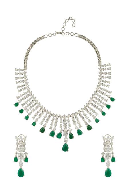 Shop Chaotiq By Arti Green Stones, Diamonds Emerald Tassel Necklace Set at Aza Fashions Shop_Chaotiq By Arti_Green Stones, Diamonds Emerald Tassel Necklace Set_at_Aza_Fashions
