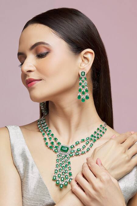 Buy Chaotiq By Arti Green Stones, Diamonds Emerald Drop Necklace Set at Aza Fashions Buy_Chaotiq By Arti_Green Stones, Diamonds Emerald Drop Necklace Set_at_Aza_Fashions