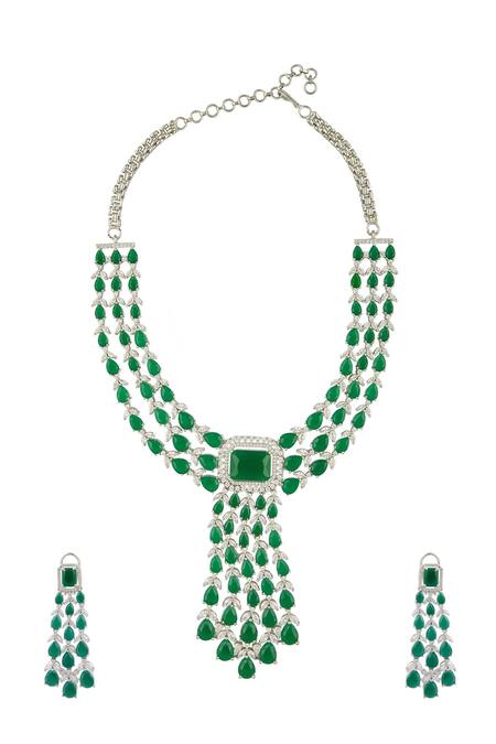 Shop Chaotiq By Arti Green Stones, Diamonds Emerald Drop Necklace Set at Aza Fashions Shop_Chaotiq By Arti_Green Stones, Diamonds Emerald Drop Necklace Set_at_Aza_Fashions