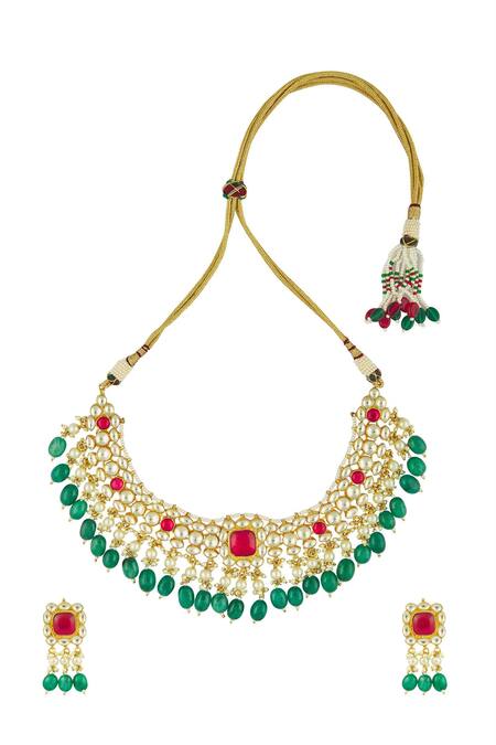 Shop Chaotiq By Arti Gold Plated Polkis And Pearls Embellished Choker Set at Aza Fashions Shop_Chaotiq By Arti_Gold Plated Polkis And Pearls Embellished Choker Set_at_Aza_Fashions