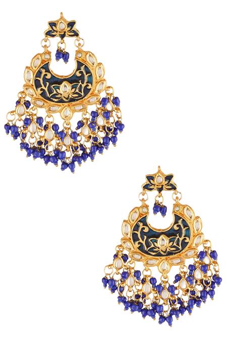 Shop ChhavI'S Jewels Blue Cut Work, Beads Kundan Stone Chandbali Earrings at Aza Fashions Shop_ChhavI'S Jewels_Blue Cut Work, Beads Kundan Stone Chandbali Earrings_at_Aza_Fashions