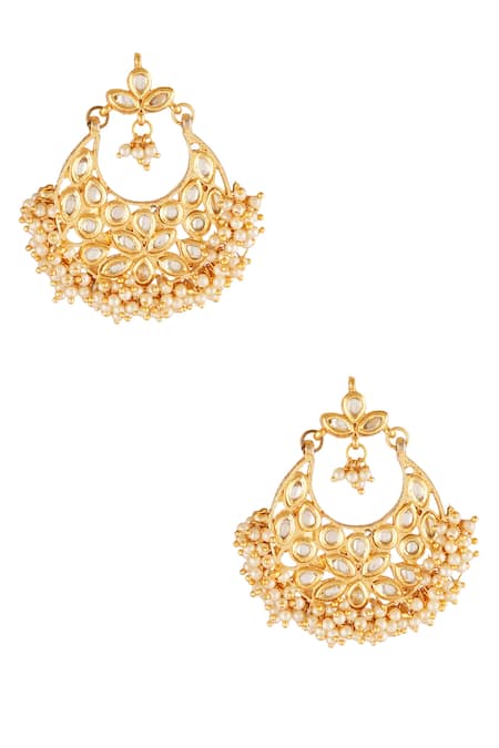Shop_ChhavI'S Jewels_Gold Plated Chains, Beads Drop Chandbali Earrings _at_Aza_Fashions