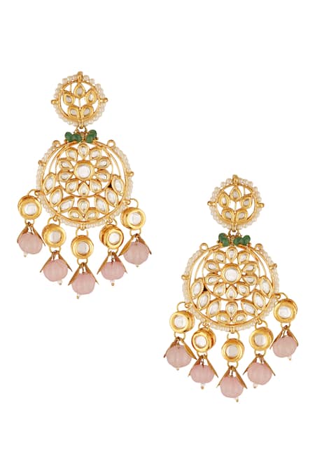 Shop ChhavI'S Jewels Gold Plated Gota Patti, Beads Kundan Carved Chandbali Earrings at Aza Fashions Shop_ChhavI'S Jewels_Gold Plated Gota Patti, Beads Kundan Carved Chandbali Earrings _at_Aza_Fashions
