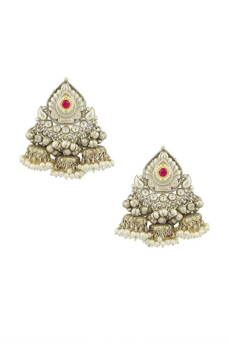 Shop Chaotiq By Arti Silver Plated Stones, Pearls Oxidized Jhumki Drop Earrings at Aza Fashions Shop_Chaotiq By Arti_Silver Plated Stones, Pearls Oxidized Jhumki Drop Earrings_at_Aza_Fashions
