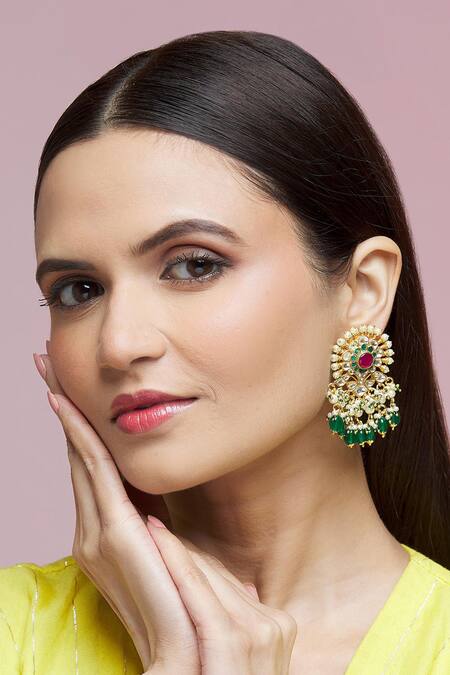 Buy Chaotiq By Arti Gold Plated Artificial Stones Kundan Jadau Embellished Earrings at Aza Fashions Buy_Chaotiq By Arti_Gold Plated Artificial Stones Kundan Jadau Embellished Earrings_at_Aza_Fashions