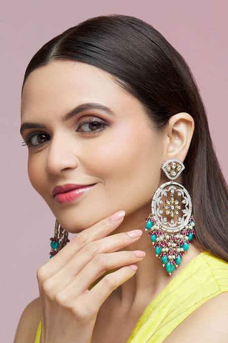 Buy Chaotiq By Arti Multi Color Pearls Floral Dreamcatcher Earrings at Aza Fashions Buy_Chaotiq By Arti_Multi Color Pearls Floral Dreamcatcher Earrings_at_Aza_Fashions