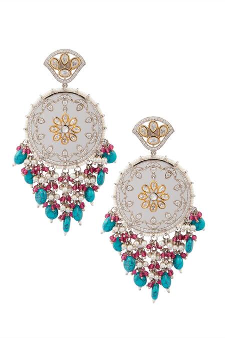 Shop Chaotiq By Arti Multi Color Pearls Floral Dreamcatcher Earrings at Aza Fashions Shop_Chaotiq By Arti_Multi Color Pearls Floral Dreamcatcher Earrings_at_Aza_Fashions