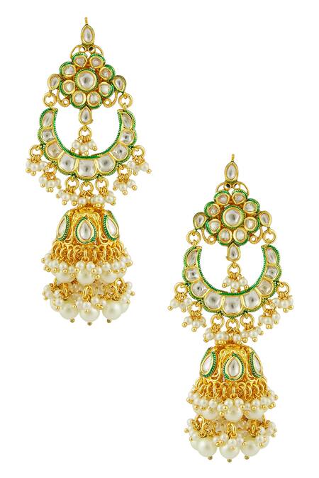 Shop Chaotiq By Arti Gold Plated Kundan Polki Pearl Jhumkas at Aza Fashions Shop_Chaotiq By Arti_Gold Plated Kundan Polki Pearl Jhumkas_at_Aza_Fashions