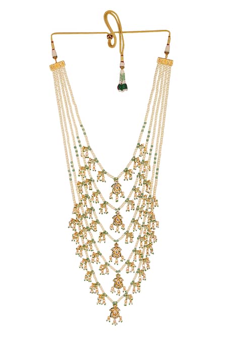 Shop_ChhavI'S Jewels_Gold Plated Kundan Bead Layered Necklace _at_Aza_Fashions
