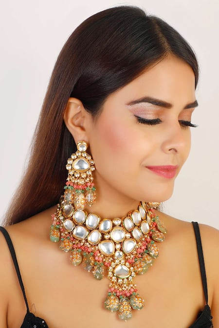 Chhavi's Jewels Gold Plated Kundan Pendant Drop Choker Set 