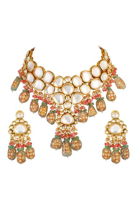 Shop_ChhavI'S Jewels_Gold Plated Stones, Beads, Zari Kundan Pendant Drop Choker Set_at_Aza_Fashions